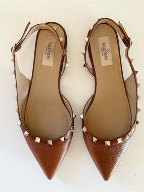Valentino Garavani Rockstud Brown Slingback Flats Half D’Orsay Pointed Toe EU 37